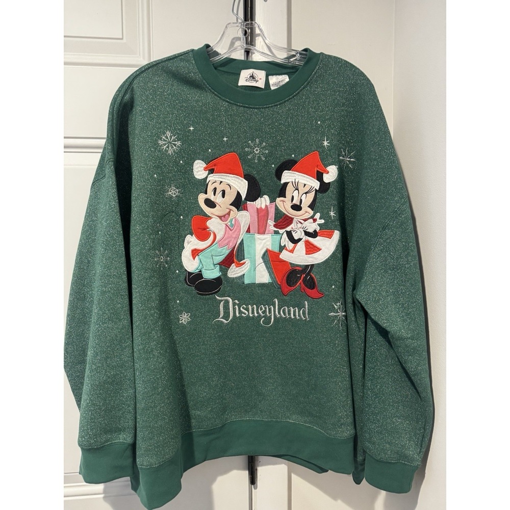 2023 Disneyland Christmas Santa Mickey And Minnie Sweatshirt 2X Sparkle Green